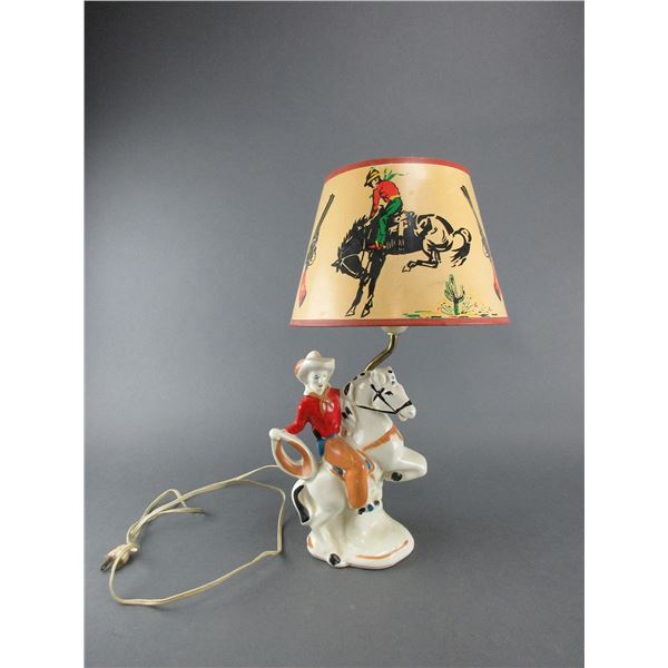 Cowboy Glass Table Lamp With Cowboy Shade- Works- 17"