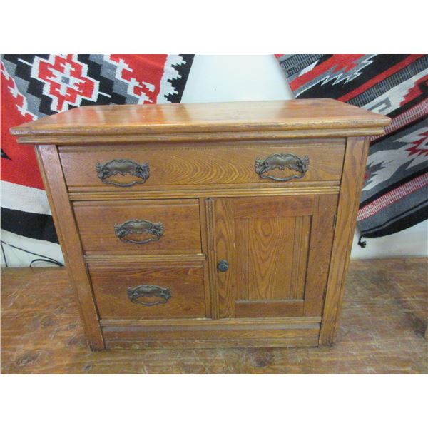 Oak Cabinet- 3 Drawers And Door- Original Hardware- 27"H X 32"W X 16"D- Good Condition