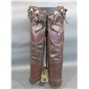 Image 1 : Marked RT Frazier Pueblo Colo Step In Chaps- 26 Nickel Conchos- Pockets With Snaps- Repaired Tooled 