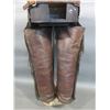 Image 6 : Marked RT Frazier Pueblo Colo Step In Chaps- 26 Nickel Conchos- Pockets With Snaps- Repaired Tooled 