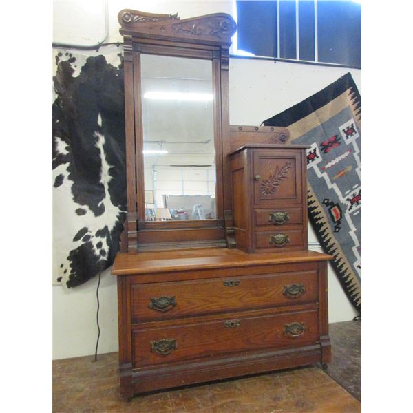 Antique Oak Dresser With Large Mirror- 70"H X 39"W X 20"D- Good Condition