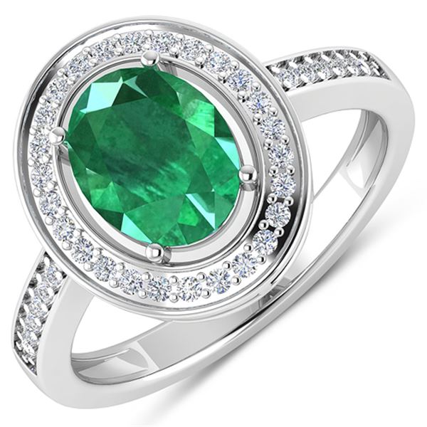 Natural 1.87 CTW Zambian Emerald & Diamond Ring 14K White Gold - REF-81F8N