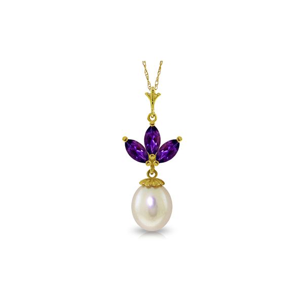 Genuine 4.75 ctw Amethyst & Pearl Necklace 14KT Yellow Gold - REF-24K3V