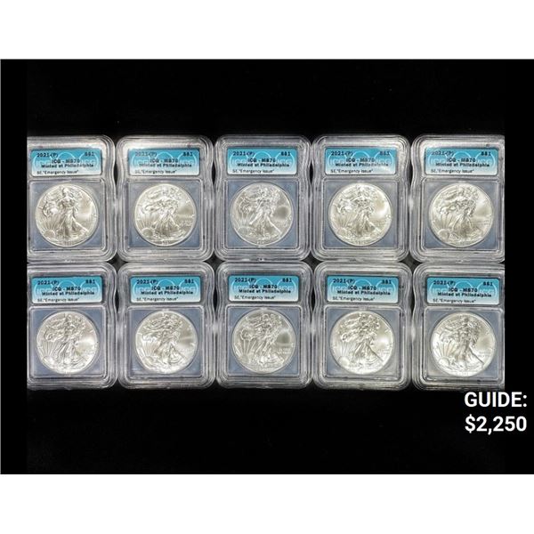 (10) 2021-P PHIL American Silver Eagles ICG-MS70