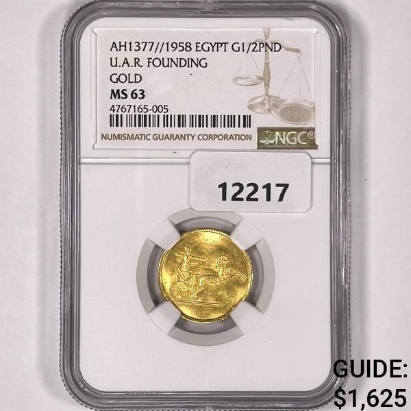 AH1377//1958 Egypt Gold 1/2PND U.A.R. NGC-MS63