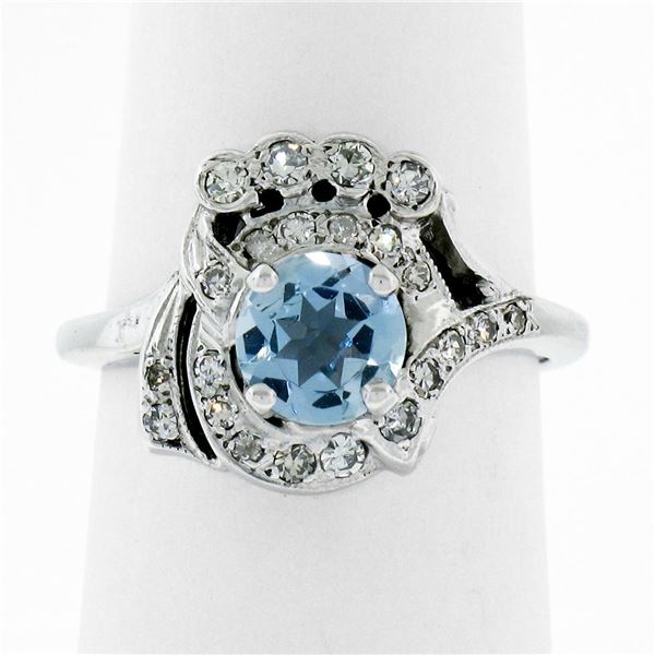 Art Deco 14k White Gold 1.45 ctw Round Aquamarine and Diamond Cocktail Ring