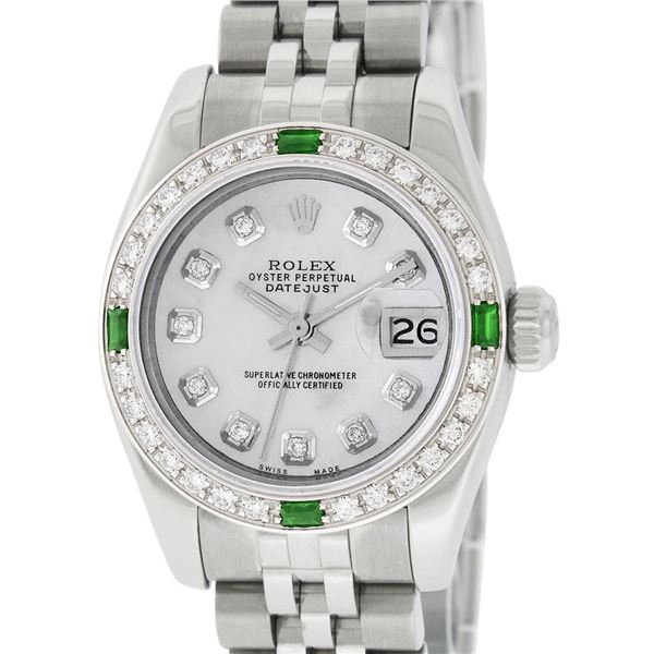 Rolex Ladies Stainless Steel Mother Of Pearl Diamond And Emerald Datejust