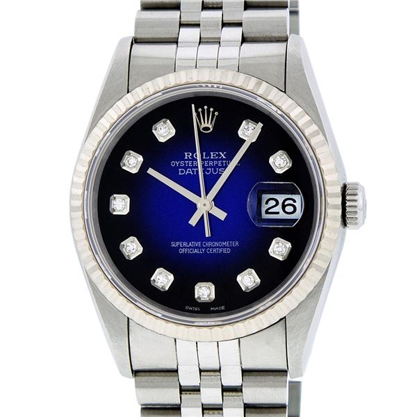 Rolex Mens Stainless Steel Blue Vignette Diamond 36MM Datejust Wristwatch