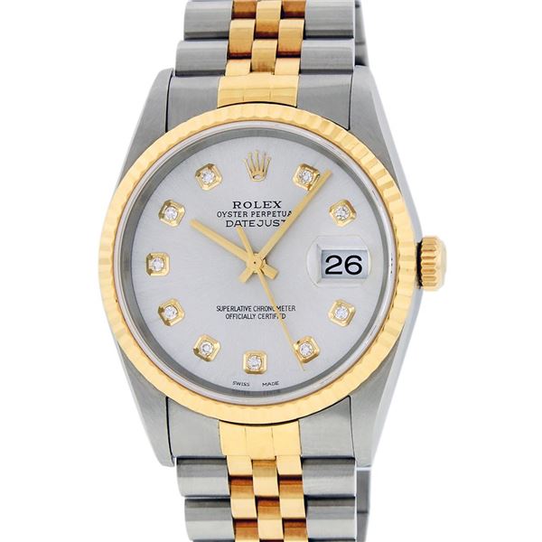 Rolex Mens Stainless Steel and Yellow Gold Silver Diamond 36mm Datejust Jubilee