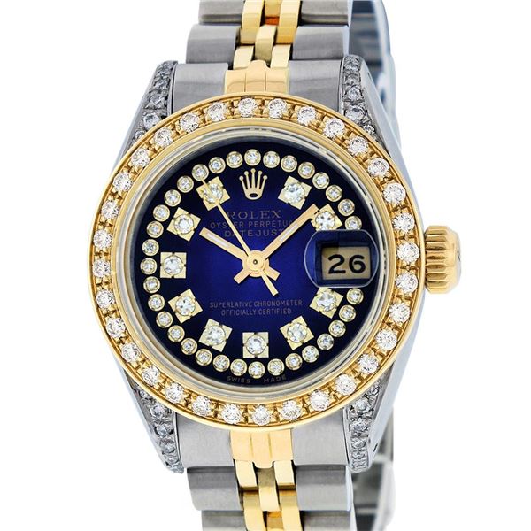 Rolex Ladies 2 Tone Blue Vignette Diamond Lugs 26MM Wristwatch