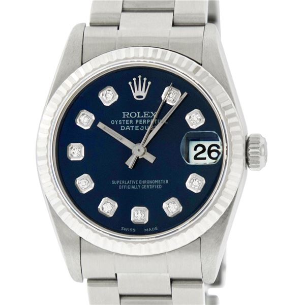 Rolex Womens Midsize 31mm 18K Gold Bezel Blue Diamond Stainless Steel Datejust