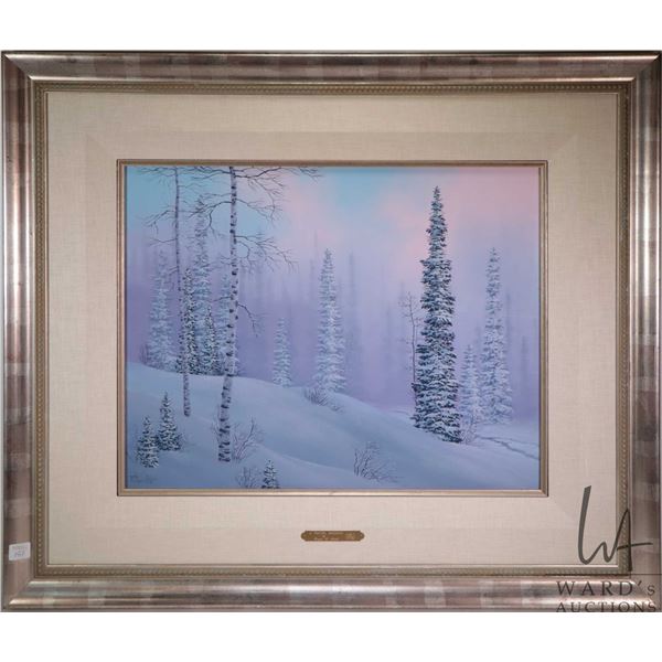 Framed acrylic on board painting titled "A Winter Dressing" signed by artist Robert D. Arndt, 16" X 