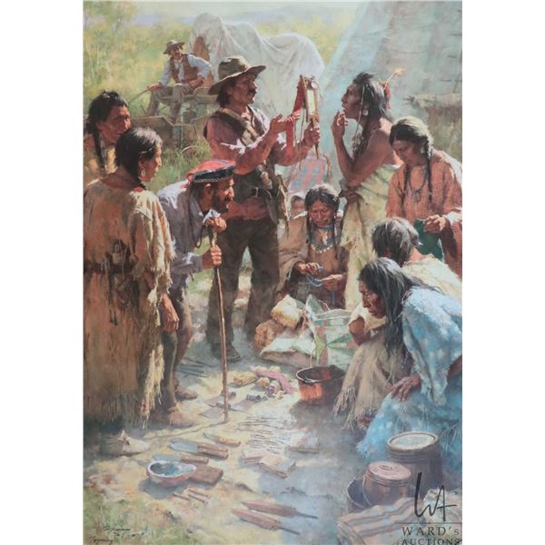 Unframed flat canvas giclee titled "Traders Among the Crow" ink signed by artist Howart Terpning 43