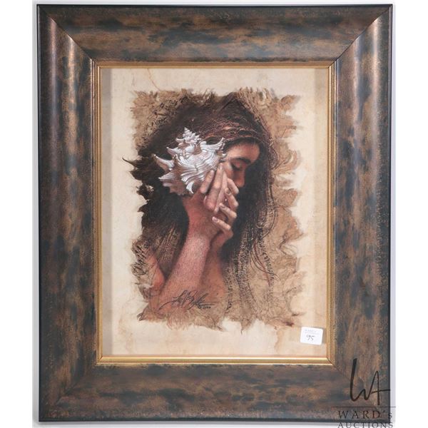 Framed original pastel on bark paper painting titled "Secrets of the Sea", ink signed by artist Lee 