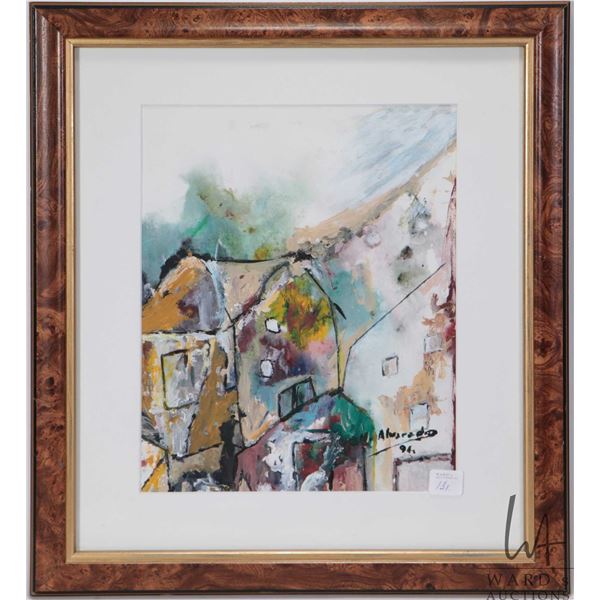 Original acrylic on paper painting titled "In the Village" and signed by artist Hugo Alvarado '91, 1