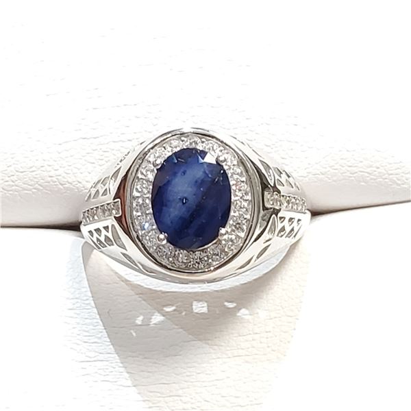 SILVER NATURAL BLUE SAPPHIRE(1.85CT) 3 CZ(1CT) RING SIZE 9.5