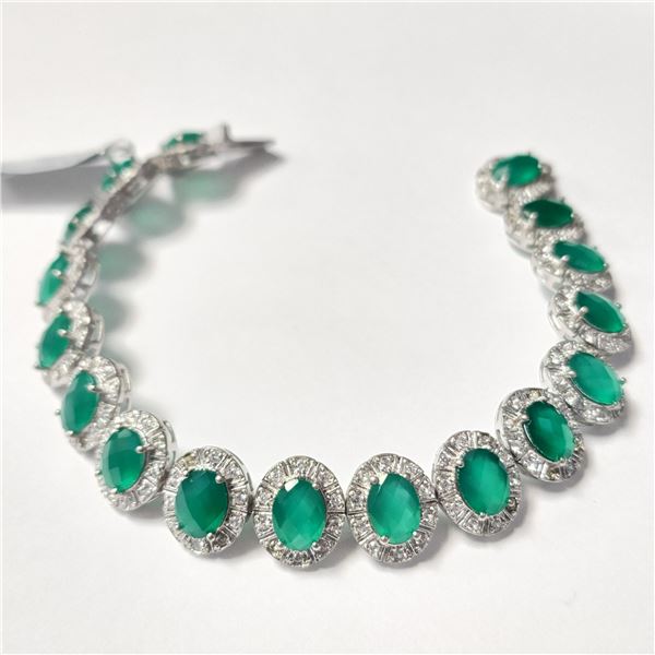 SILVER GREEN ONYX AND ZIRCON(23.4CT) BRACELET