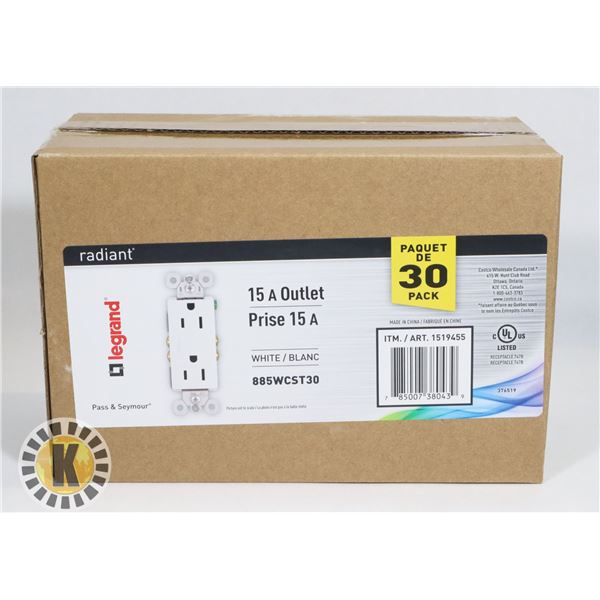 BOX OF 30 LEGRAND RADIANT 15 A OUTLET WHITE