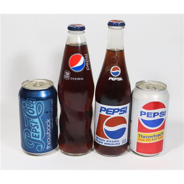 LOT OF 2 PEPSI COLLECTIBLE BOTTLES & 2 CANS