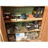 Image 2 : Shelf lot of assorted tools includes - nails / clampers / high tension wire / drills etc.