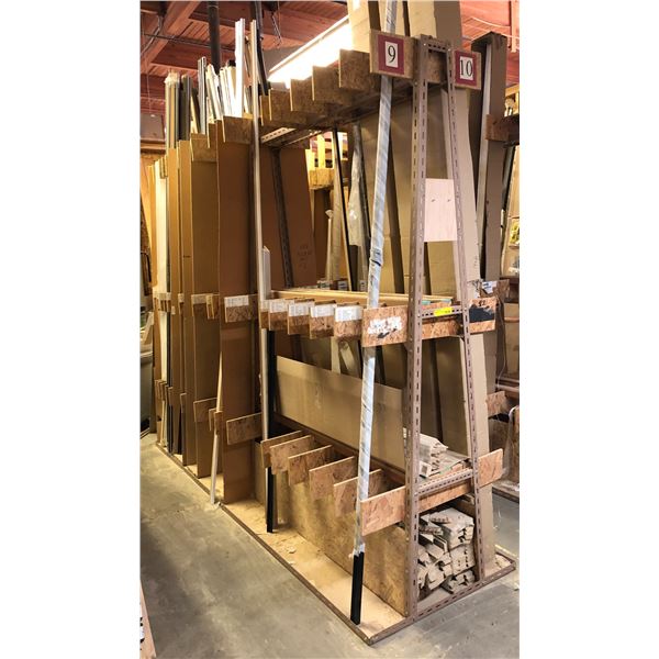 Large shelf lot of wood mouldings for picture frames w/ custom made shelving (approx. 10ft long)