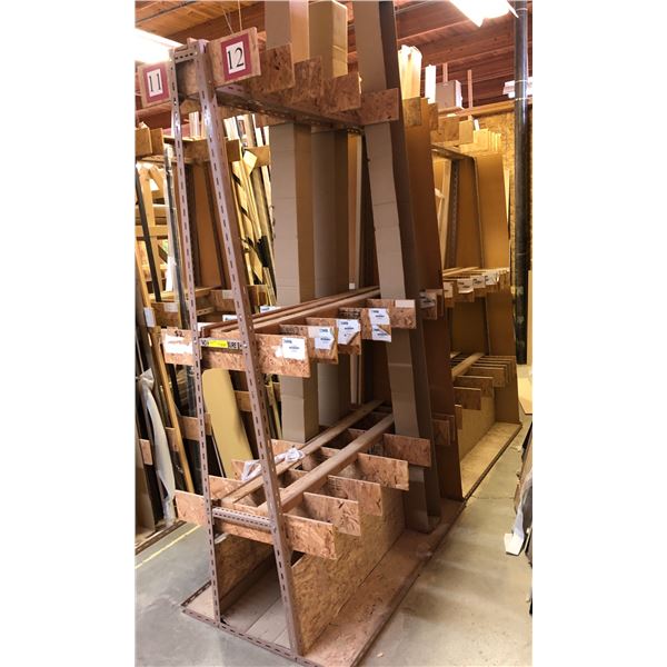 Large shelf lot of wood mouldings for picture frames w/ custom made shelving (approx. 10ft long)