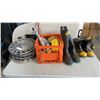 Image 1 : CRATE OF TOOLS WITH HUBCAPS, RUBBER BOOTS AND MORE
