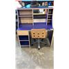 Image 1 : MAPLE AND BLUE DESK WITH HUTCH AND ROLLDING CHAIR