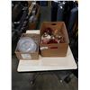 Image 1 : 3 OIL LAMPS WITH FLUTES AND BOX OF CRYSTAL AND GLASSSERVING PIECES