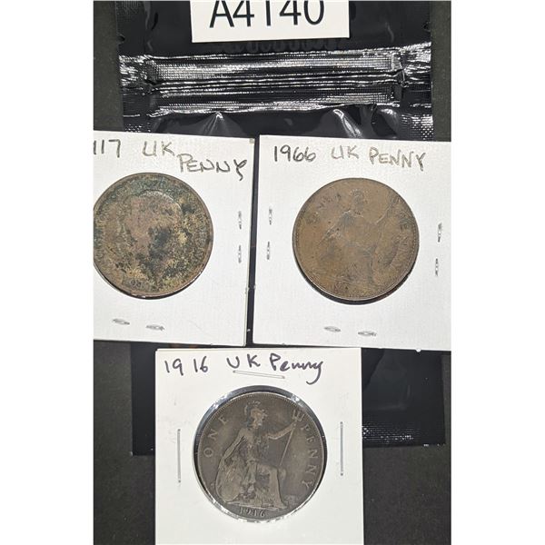Three UK Pennies - 1916, 1917, 1966 (A4140)