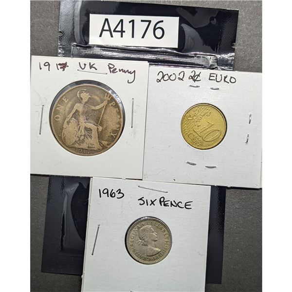 1917 UK Penny, 1963 Six Pence and 2002 Ten Cent Euro Coin (A4176)