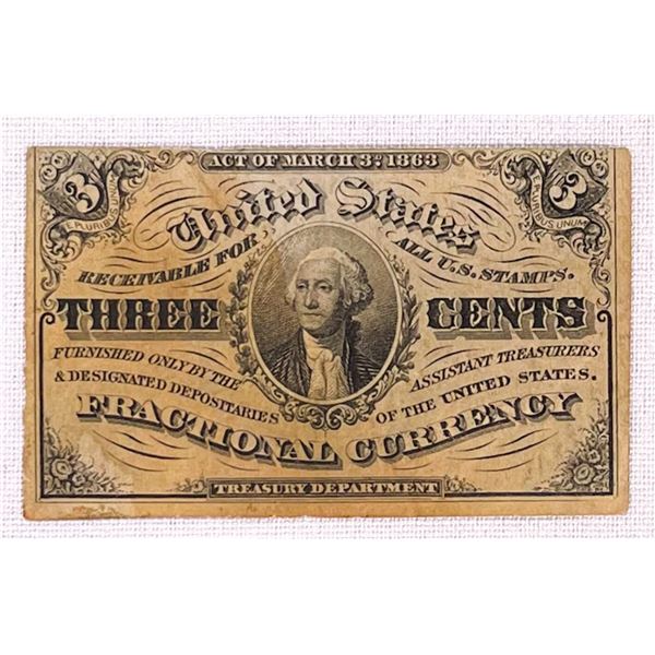 1863 US 3c Fractional Currency Note CLOSELY UNC