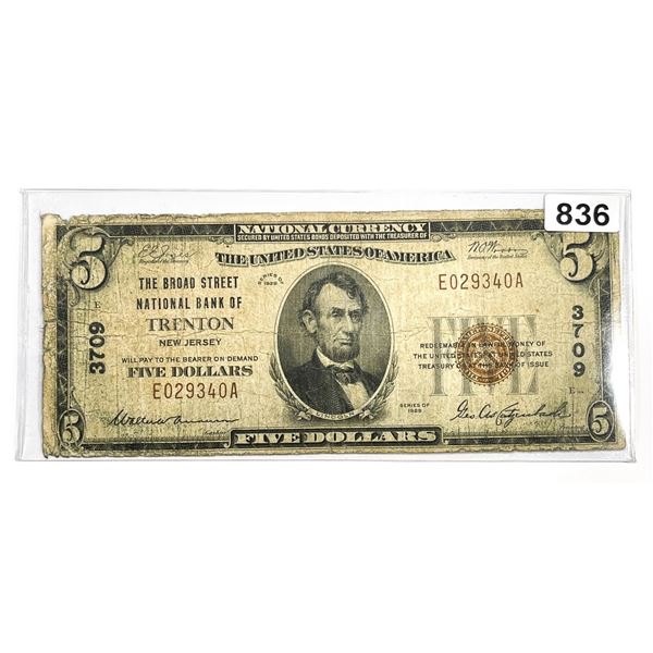 1929 $5 Trenton, NJ National Bank Note