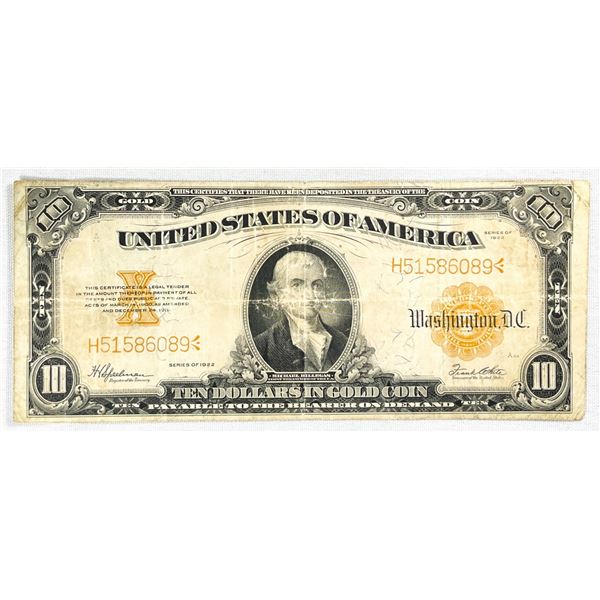 1922 $10 Gold Certificate Speelman/White CIRC