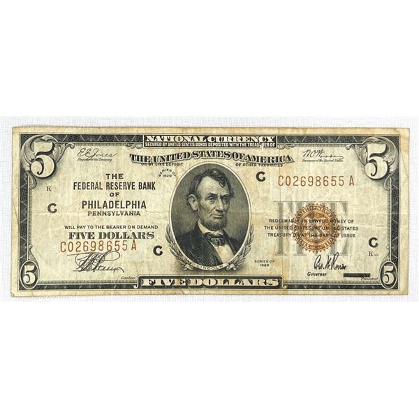 1929 $5 Philadelphia PA National Bank Note
