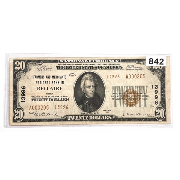 1929 $20 Bellaire, OH National Bank Note