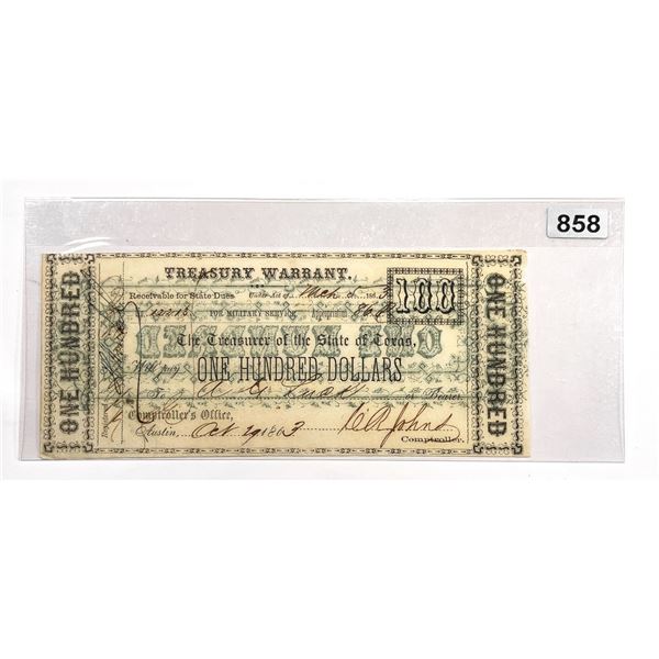 1863 $100 Austin, Texas Treasury Warrant -