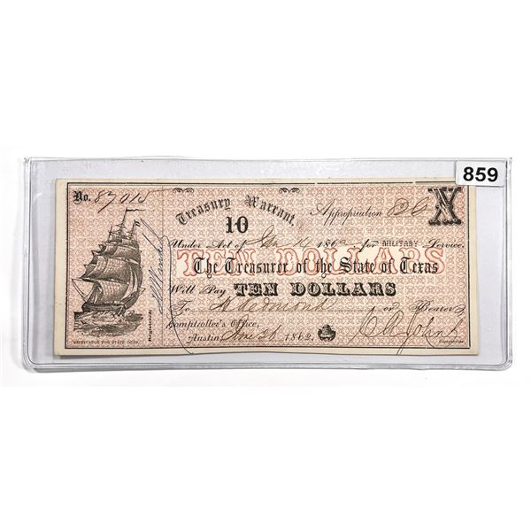 1862 $10 Austin, Texas Treasury Warrant -