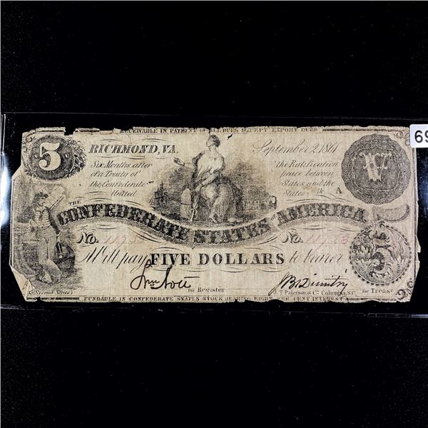1861 Series $5 Dollar Confederate States Note