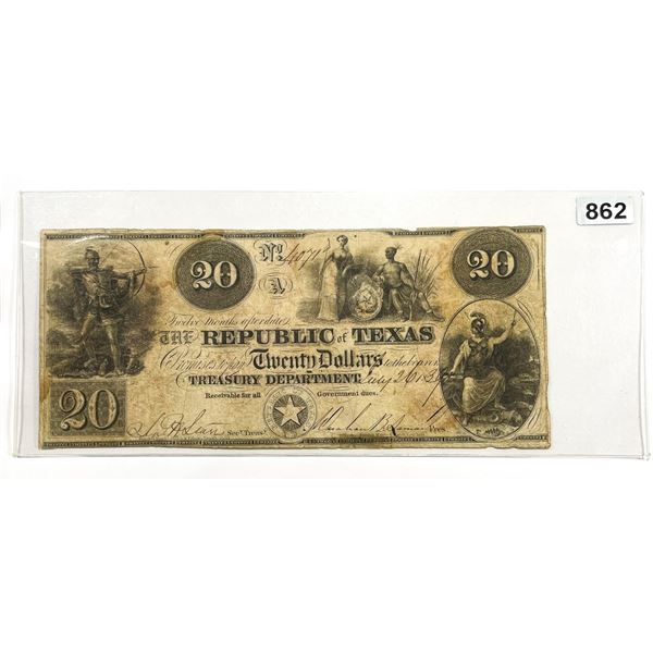 1839 Series $20 Republic of Texas  Note