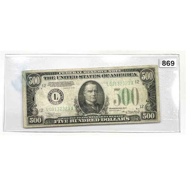 1934 $500 Five Hundred Dollars Fed Reserve Note