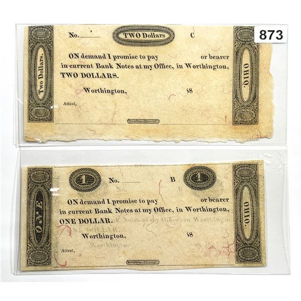 (2) $1 & $2 Bank Scripts of Worthington, OH -