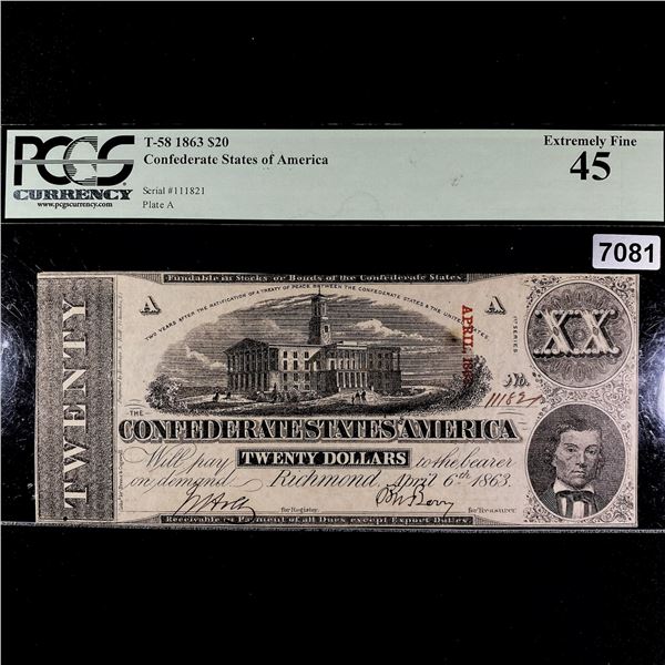 1863 $20 Dollar Confederate States Note PCGS-45XF
