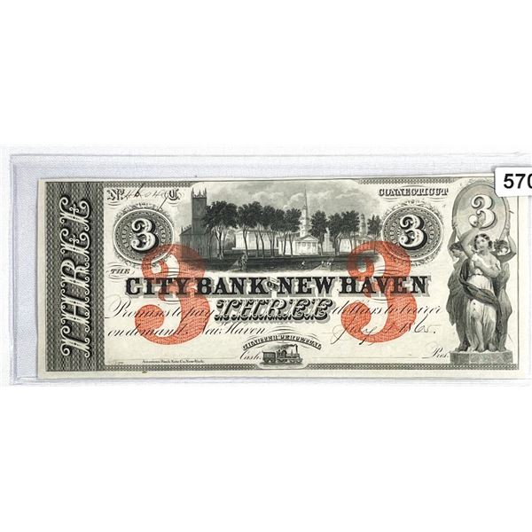 1865 $3 Dollars New Haven Connecticut UNC