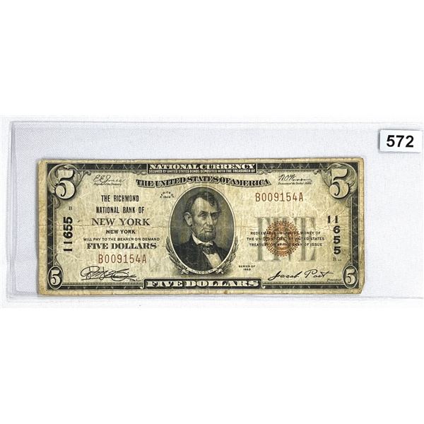 1929 $5 New York NY National Bank Note