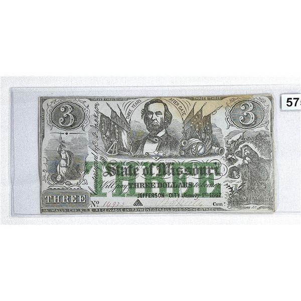 1862 $3 Dollar Jefferson City Note NEARLY UNC