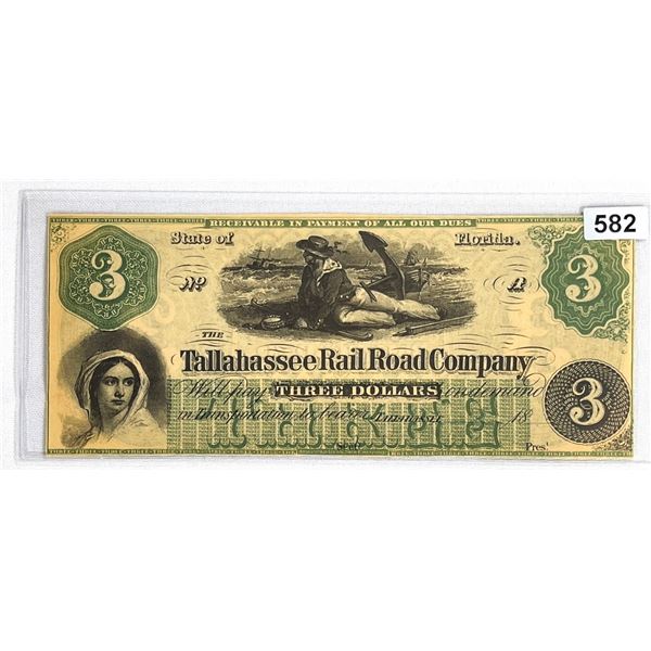 1800's Tallahasse FL RR Company $3 Dollar Bill