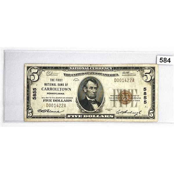 1929 $5 Carrolltown PA National Bank Note