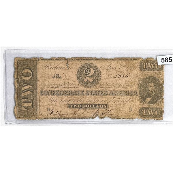 1863 $2 Dollar Confederate States Note
