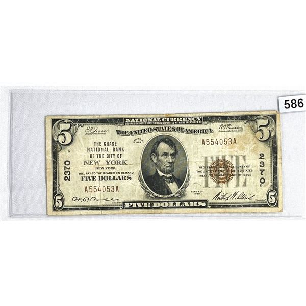 1929 $5 New York NY National Bank Note